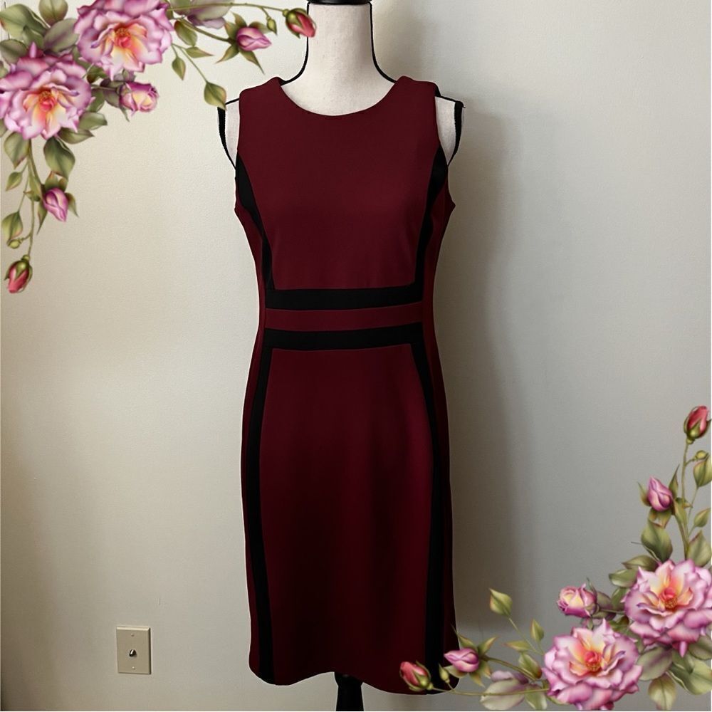 Sleeveless fitted‎ burgundy and black colors knee length dress